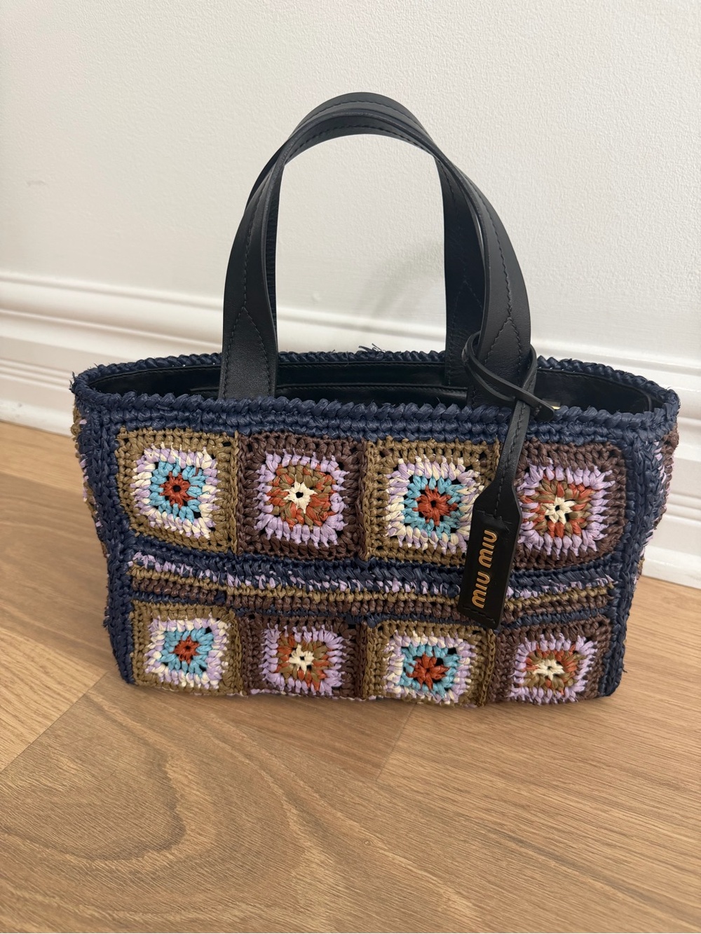 Miu Miu Navy Crochet Patchwork Tote with Black Leather Handles